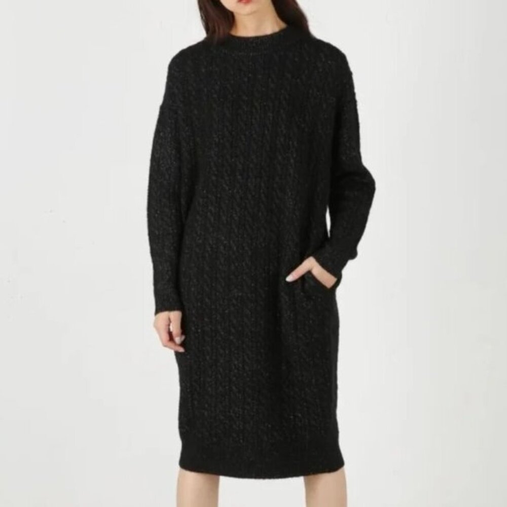 Moussy Mock Neck Knee Lenght Cableloose Knit Sweater Dress Black Fits Large Edgy